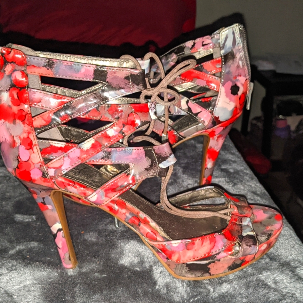 Red and Pink Strappy Heels with High Slender Heel and Open Toe